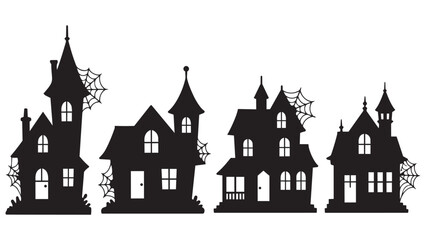 Fototapeta premium Four black and white haunted houses with spider webs illustration