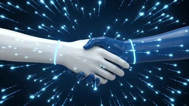 Futuristic robot handshake on digital background, artificial intelligence partnership concept, cybernetic hands shaking over glowing data stream