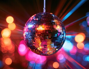 Obraz premium A shimmering disco ball suspended in darkness reflects vibrant light rays around