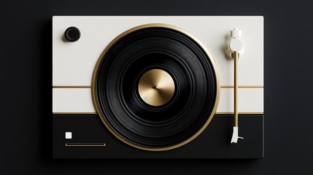 Modern, minimalist turntable with gold accents, on a dark background