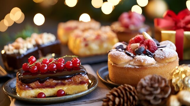 Festive holiday desserts arranged on a table with pinecones  warm lights  and seasonal deco ns in the background