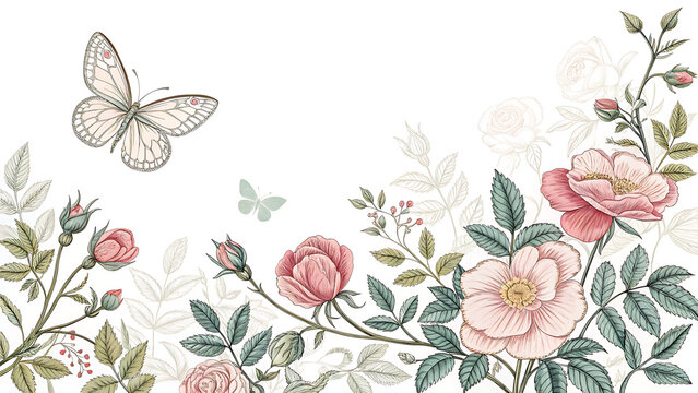 Hand drawn floral border with wild roses and butterflies on white background