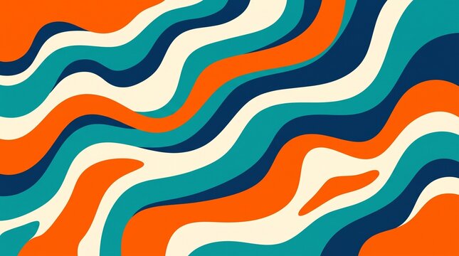Abstract background with retro wavy bands and flowing lines in orange, teal, dark blue, and cream colors. Mid-century modern style 70s aesthetic graphic pattern for wallpaper.
