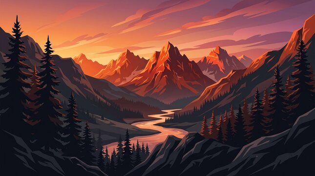 Vector illustration of a majestic alpine mountain range at sunset featuring a winding river flowing through a valley surrounded by dense evergreen pine forests and sharp jagged peaks.
