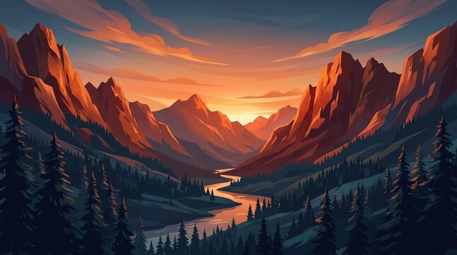 Digital landscape illustration of a deep mountain valley with a winding river, dense evergreen forests, and sharp craggy peaks glowing orange during a vibrant alpine sunset.