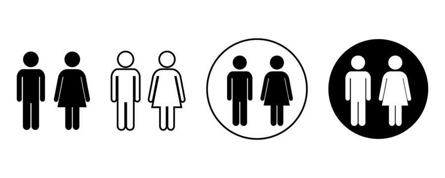 Toilet restroom icon set, woman and man gender symbols, male and female bathroom signs, minimalist silhouette vector illustration