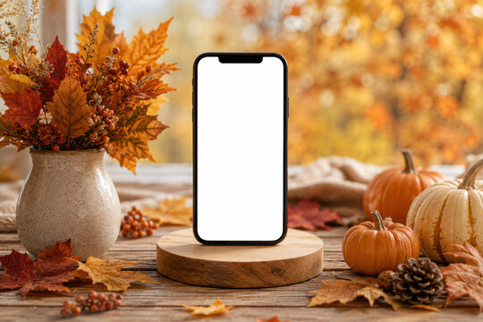 Vertical smartphone with blank white screen on a wooden stand surrounded by autumn leaves, pumpkins and seasonal decor, creating a warm fall advertising mockup.