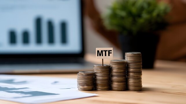 Stacks of coins arranged in ascending order with a small sign labeled  MTF  on a wooden desk near a laptop displaying bar charts