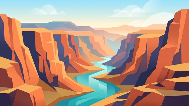 Stylized flat vector illustration of a vast canyon landscape featuring a winding turquoise river, steep orange sandstone cliffs, and soft daylight with minimalist clouds in the sky.
