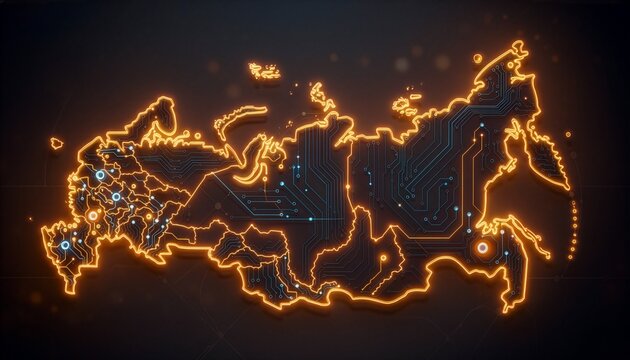 Neon digital map of Russia built from glowing circuit lines and data nodes on a dark futuristic technology background