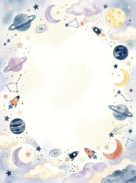 Whimsical Watercolor Space Frame with Planets, Stars, and Rockets for Children's Design Background or Invitation Template