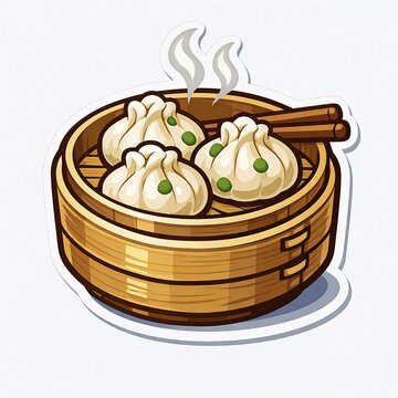 Steamed dumplings sticker illustration, cartoon dim sum in bamboo basket with chopsticks isolated on white background