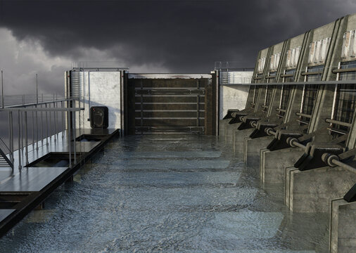 Dramatic view of water lock structure under dark cloudy sky, high resolution 3d render. No AI used.