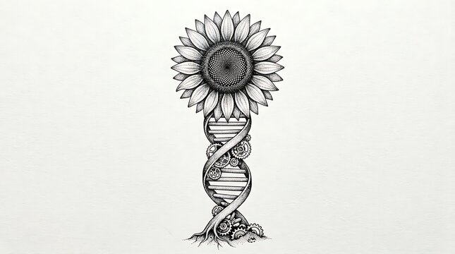 Black and white sunflower with dna helix stem