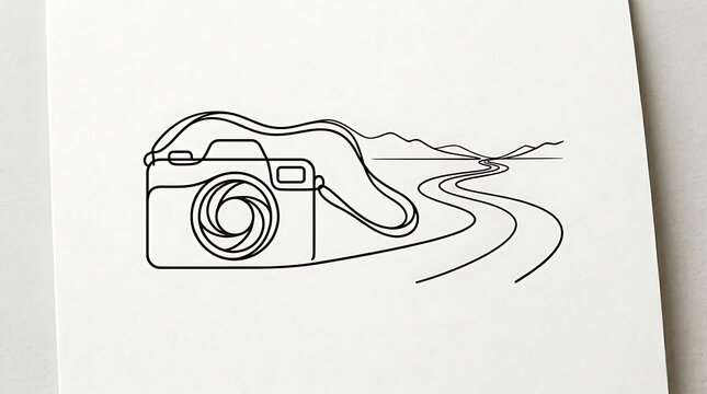 Black ink of camera with road and mountains