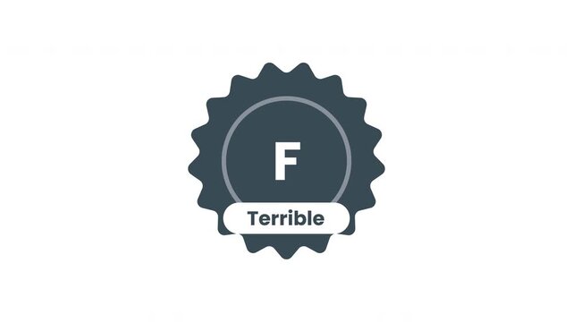 Red E Grade Bad Rating Badge Animation with Scalloped Seal on White Background Prores Alpha Channel 4K 60 fps
