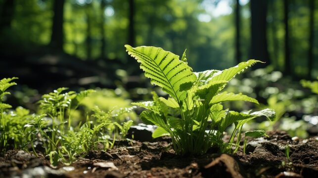 Sunlight Filtering Through a Lush Forest Canopy, Illuminating Delicate Green Foliage on the Forest Floor