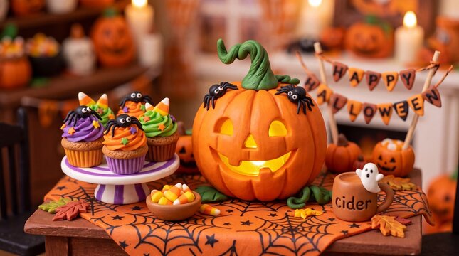 Halloween Miniature Pumpkin with Cupcakes and Festive Decorations