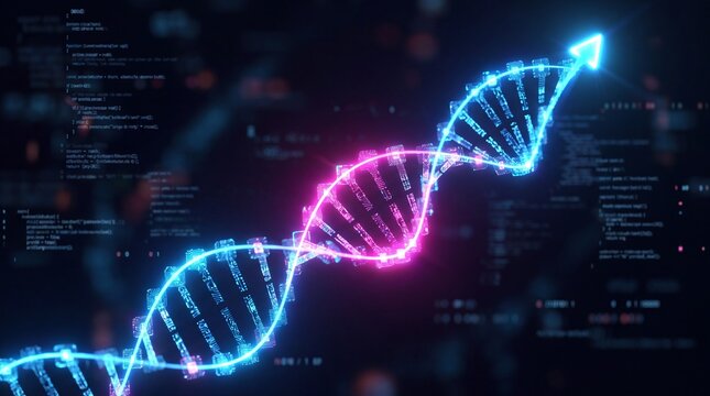 Glowing DNA Double Helix with Upward Growth Arrow