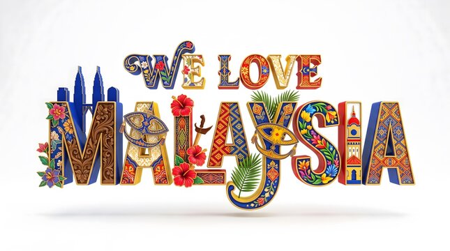 Decorative &ldquo;We Love Malaysia&rdquo; typography featuring cultural motifs, landmarks, and traditional elements celebrating national heritage