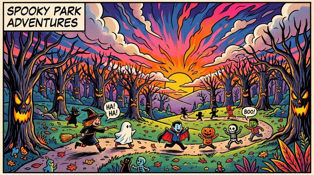 Children in Halloween Costumes Running Through Spooky Forest Illustration