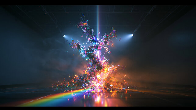 Abstract Glowing Prismatic Light Explosion in Dark Studio