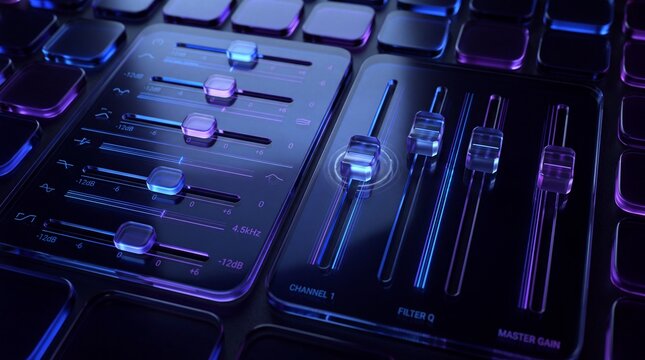 Futuristic Digital Audio Mixer Interface with Glowing Sliders
