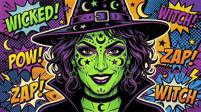 Comic Book Pop Art Green Witch Halloween Illustration