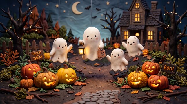 Cute Clay Ghosts and Carved Pumpkins in Halloween Night Scene