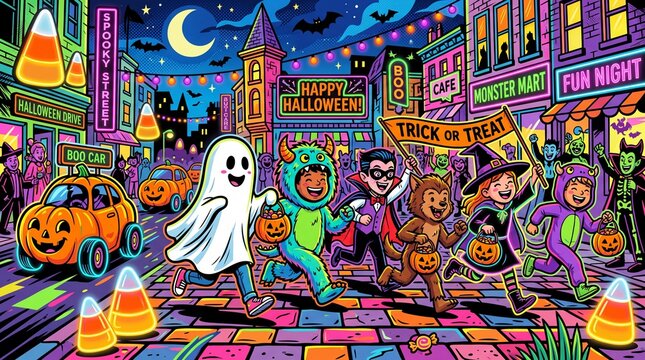 Children in Costumes Trick or Treating on Colorful Halloween Street