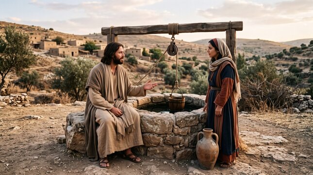 Jesus Christ speaks with the Samaritan woman at Jacob's Well in ancient Sychar, a biblical scene