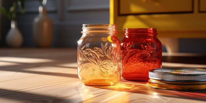 Two Vintage Glass Jars with Intricate Floral Designs Rest on a Wooden Tabletop Bathed in Sunlight