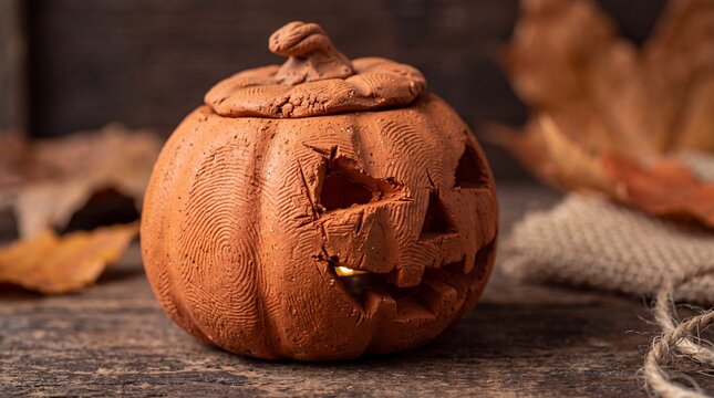 Handcrafted Terracotta Pumpkin Jack O Lantern on Wooden Table