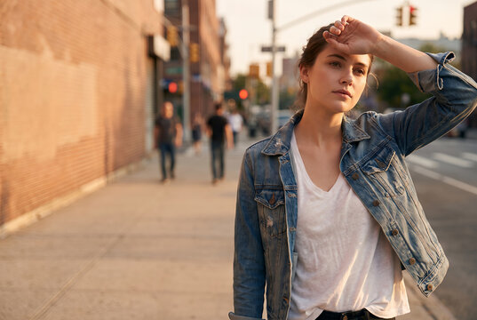 Young Caucasian woman shielding eyes on urban city street