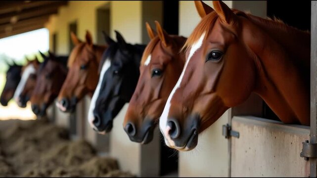Group of horses standing in a row, possibly waiting for instruction or resting