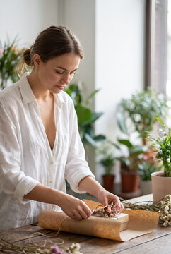 Young woman wrapping dried flowers with kraft paper in bright home