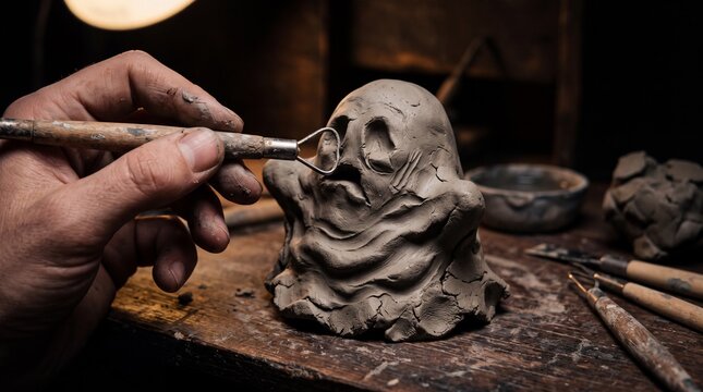 Artist Sculpting Clay Ghost Figurine with Modeling Tool