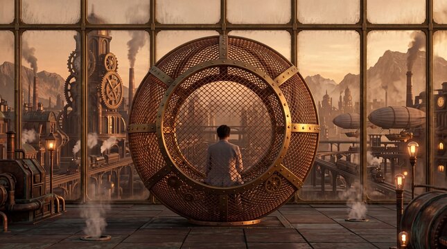 Person Meditating Inside Sphere Overlooking Steampunk City