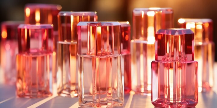 A group of transparent, multifaceted perfume bottles bathed in warm, golden light, their surfaces refracting the sunlight into colorful prisms, casting a soft glow on the table