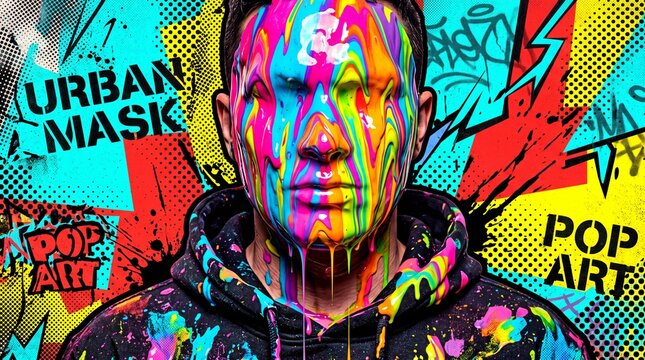 Man with Colorful Melting Paint on Face in Pop Art Style