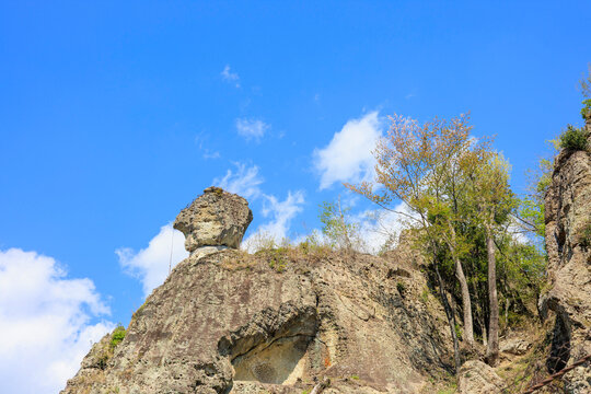 Tengu no Nageishi Rock Balanced on an Oya Stone Cliff in Utsunomiya, Tochigi, Japan