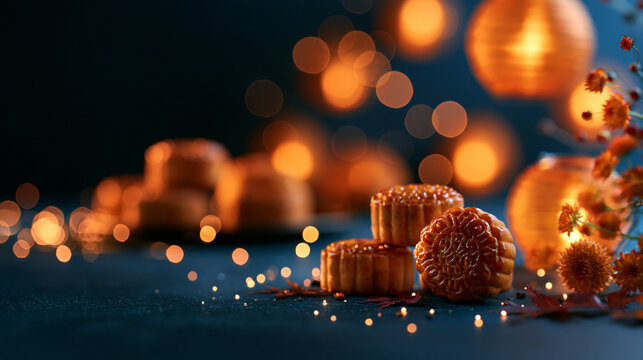 Traditional Mooncakes with Glowing Lanterns for Mid Autumn Festival