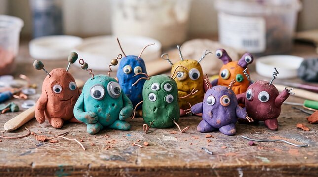 Handmade Colorful Clay Monsters and Figures on Craft Table
