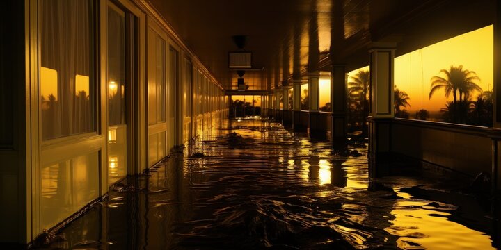 A flooded hallway with a golden sunset view through the windows and a soft glow reflecting on the water