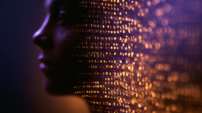Human Face Silhouette Merged with Binary Code Stream