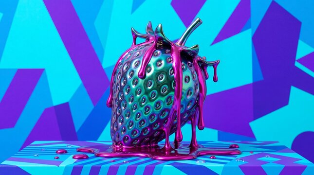 Metallic Melting Strawberry on Geometric Pop Art Background
