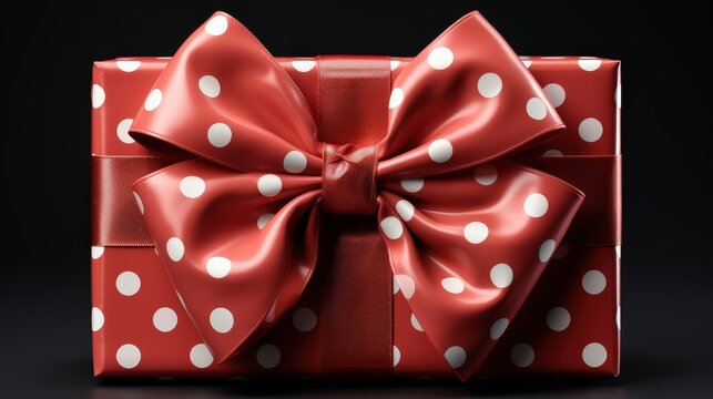 A single gift box wrapped in red polka dot paper with a large satin bow tied in the center. The box is isolated against a black background.