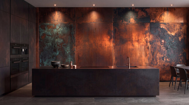 Luxury Modern Kitchen with Patinated Copper Wall Design