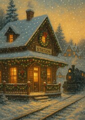 Fototapeta premium Cozy winter train station scene.