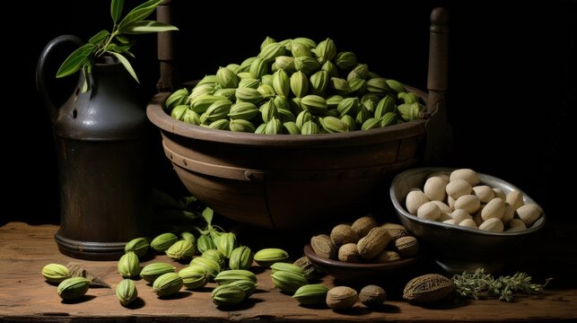 A still life arrangement featuring a wooden bowl filled with green seed pods, a ceramic pitcher, and a metal bowl filled with white seeds, all resting on a wooden table with a sprig of green foliage